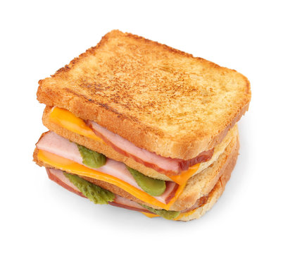 Delicious sandwich with cheese, ham and cucumber on white background