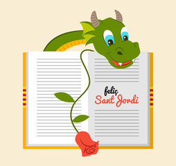 Sant Jordi - Dragón con libro y rosa - Tradición Cataluña, España