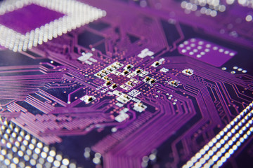 Purple microchip processor close-up