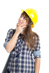 Young woman architect builder verify construction site work. Isolated on white background.