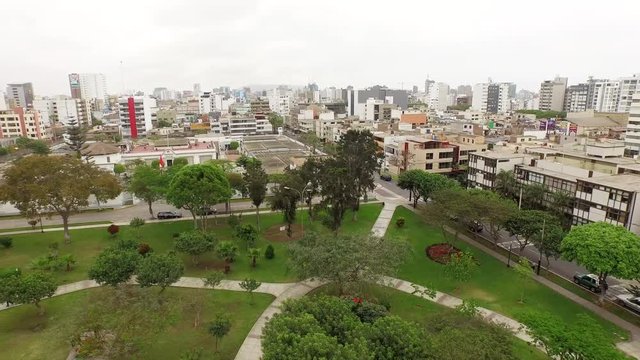 Aerial of LIMA with the skyline and a park in Miraflores. Peru, South America. LIMA, 