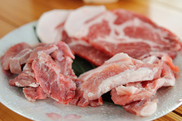 Fresh raw sliced pork on white dish
