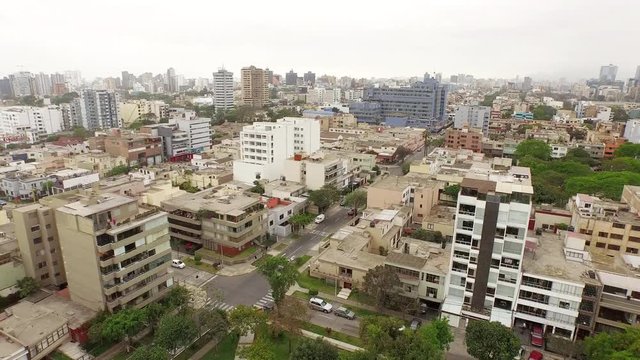 Aerial of LIMA with the skyline in Miraflores. Peru, South America. 