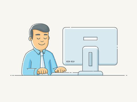 Happy man working in office on computer desk vector illustration in scribble linework style