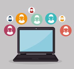 laptop computer with social community device icon vector illustration design