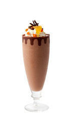 Glass of chocolate creamy with fruit on white background