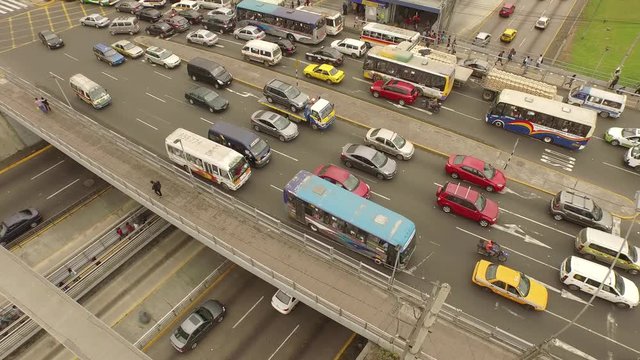 Aerial of traffic holdup in Lima, Peru, South America. Cross-way (Via Expresa and Angamos street) in Surquillo, Miraflores. LIMA, 