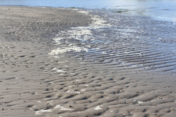 The evening sun shines down on the sand on the beach