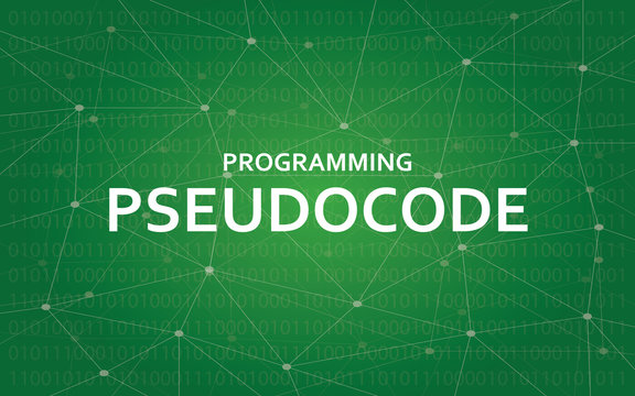 Programming pseudocode concept illustration white text illustration with green constellation map as background
