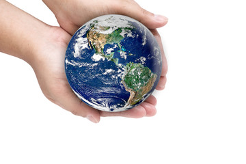 Hands holding earth on white background. Elements of this image furnished by NASA