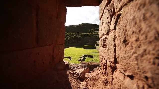  window in a wall at the ruins of Tip�n (Inca ruins). Cusco, Andes of Peru, South America