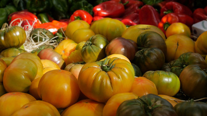 Yellow Tomato display at market. Close up