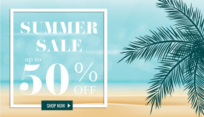 Naklejka premium Summer sale discount End of season banner on location beautiful beach background. Can used for gift voucher, poster,advertising social media and cover magazine promotion. Vector illustration