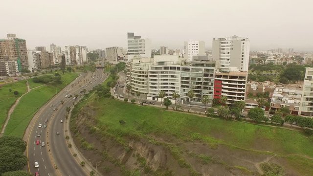 Aerial of flying near high-rise buildings in Miraflores and Barranco. Peru, South America.  Aerial LIMA, 