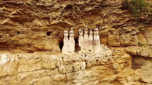 PERU: Aerial of carajia. Flying away from the Sarcophagi. Ideal for time lapse video. Peru, South America