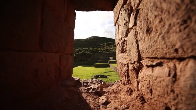  window in a wall at the ruins of Tip�n (Inca ruins). Cusco, Andes of Peru, South America