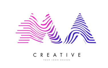 MA M A Zebra Lines Letter Logo Design with Magenta Colors
