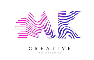 MK M K Zebra Lines Letter Logo Design with Magenta Colors