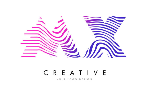 MX M X Zebra Lines Letter Logo Design with Magenta Colors