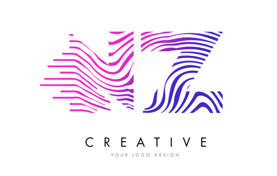 NZ N Z Zebra Lines Letter Logo Design with Magenta Colors