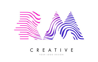 RM R M Zebra Lines Letter Logo Design with Magenta Colors