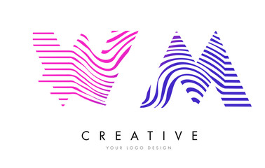 WM W M Zebra Lines Letter Logo Design with Magenta Colors