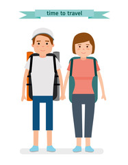 Young tourists. Ready to travel. Cute travelers on the white background. Flat style illustration