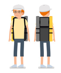 Young traveler with the glasses, a baseball cap and with a backpack. Behind the front fork and rear view. Man character creation set. Flat style illustration