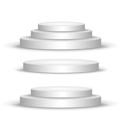 set three podiums. Three-stage, two-stage and one-stage podium on isolated background. Beautiful vector 3d scene
