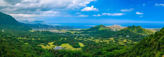 Fototapeten HDR-Panorama über grüne Berge von Nu& 39 uanu Pali Lookout in Oahu, Hawaii © SvetlanaSF