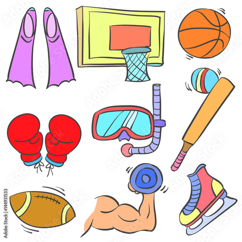 "Doodle of sport equipment colorful hand draw" fichier vectoriel libre