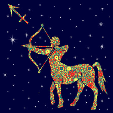 Zodiac sign Sagittarius with variegated flowers fill over starry sky