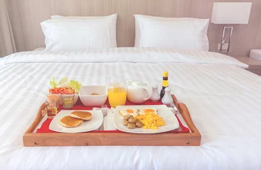 Foto op Aluminium Breakfast in tray on bed © hadkhanong