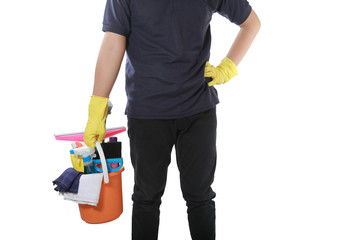 Fototapeta na wymiar attractive man standing with cleaning service