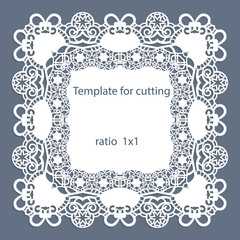Greeting card with openwork border, paper doily under the cake, template for cutting, wedding invitation, decorative plate is laser cut, vector illustrations.