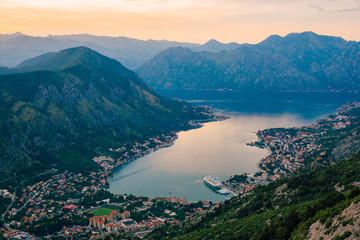 Bay of Kotor with bird's-eye view. The town of Kotor, Muo, Prcanj, Tivat. View of the mountains, sea, clouds