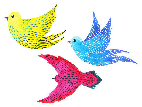 set free birds flying pattern minimal watercolor painting hand drawn design illustration with clipping path