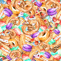 Fototapeta na wymiar Seamless vintage pattern with watercolor. Vintage drawing - cakes, desserts, macaroon, Piece, cake, biscuit, cream, Pretzel. donut, puff, sweetness. Done in hand-made graphics with watercolors. 