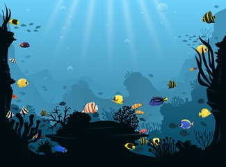 Naklejka na ściany i meble Underwater landscape with various swimming tropical fish.