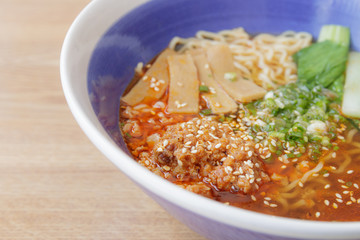 close up of minced pork ramen soup