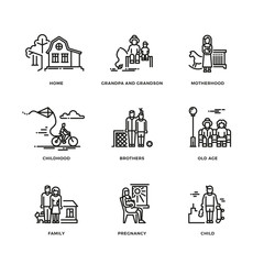 Family and parents, marriage and motherhood thin line vector icons set