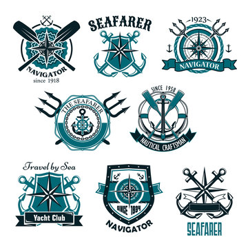 Nautical heraldic vector icons of marine seafarer