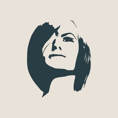 Face front view. Elegant silhouette of a female head. Vector Illustration. Short hair. Monochrome gamma.