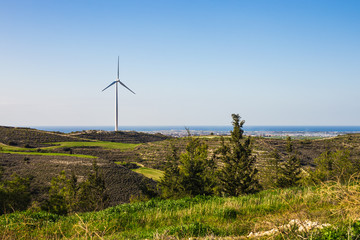 Fototapeta na wymiar Wind mills during bright summer day