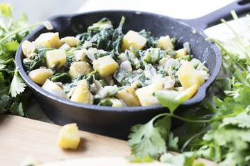 Potatoes and Spinach in Pan