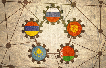 EAEU - Eurasian Economic Union association of five national economies members flags in gears. Global teamwork. Molecule And Communication Background. Connected lines with dots. Concrete grunge texture