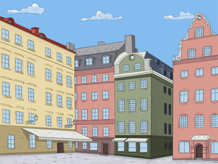 Old city view. Colored houses. Stortorget square in Stockholm. Vector illustration