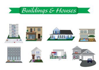 Various Buildings and housed in white background
