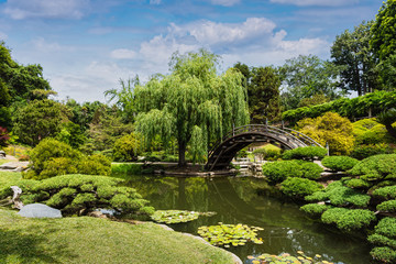 Fototapeta na wymiar Ancient Japanese bridge garden