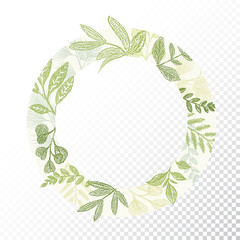 Circle frame with green branches and leaves decoration. Round greenery border for card design. Hand drawn vector. Transparent background